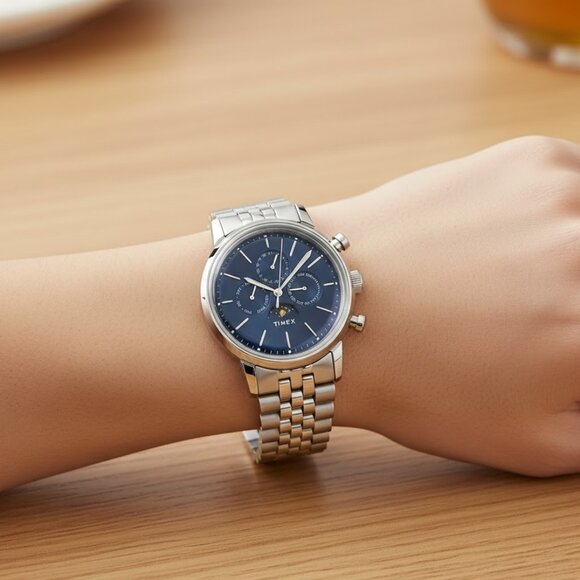 NWT Authentic Timex Marlin Quartz Moon Phase Blue Dial Watch - Picture 1 of 4